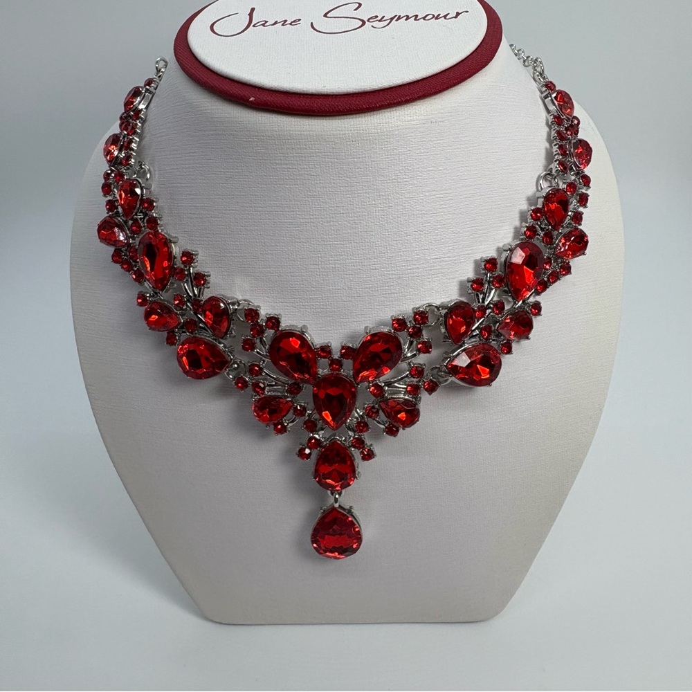 Red Crystal Teardrop Rhinestone Statement Lariat Necklace And Earrings